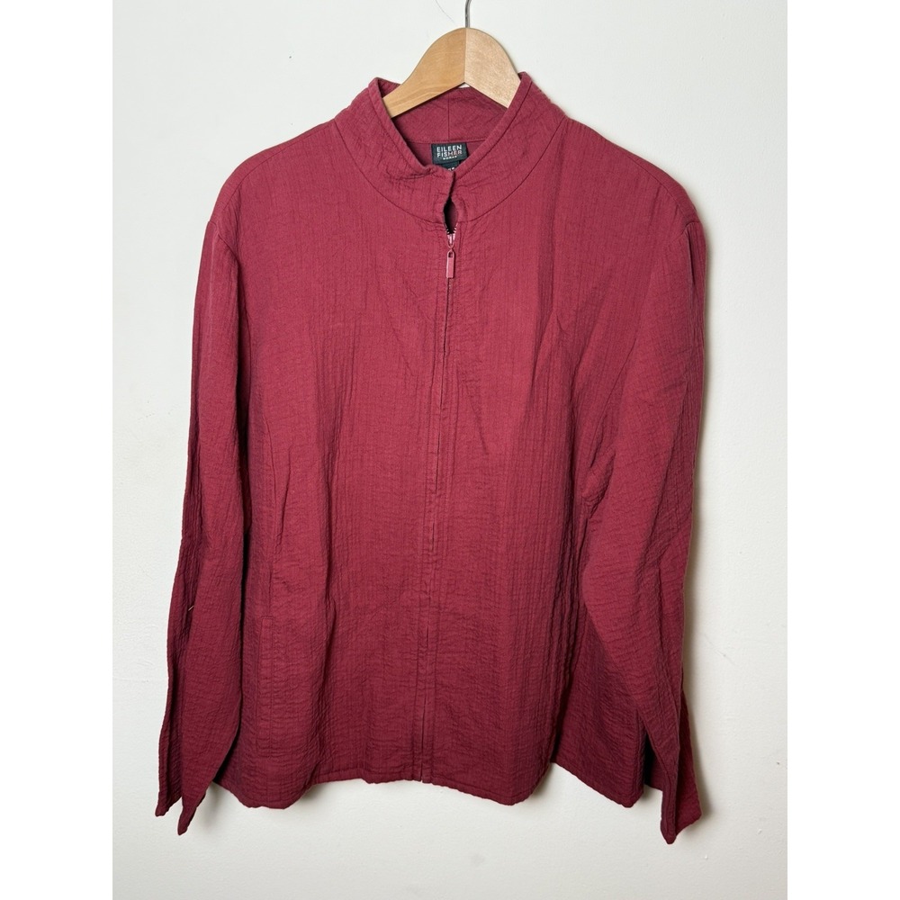 VTG 90s Eileen Fisher Woman 1X Wine Red Crinkle Zip Jacket Mock Collar Lagenlook